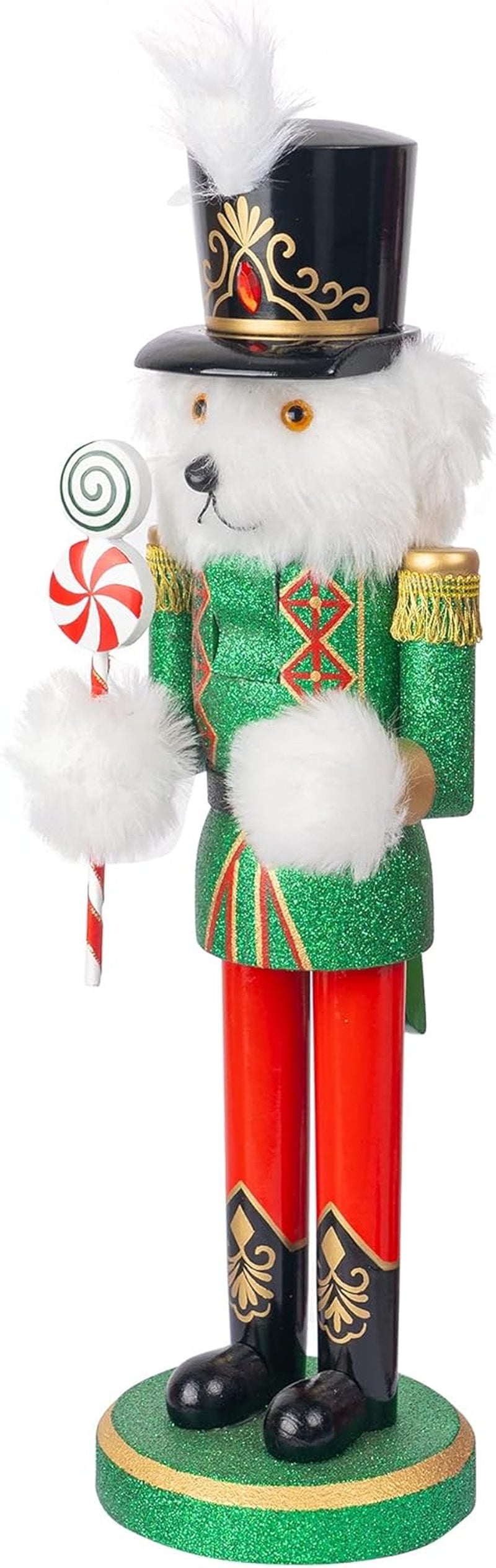 14" Christmas Decorative Nutcracker Figures, Wooden White Bear Wear Green Uniform Hold Candy, Festive Collectible Nutcracker Gift for Indoor Winter Table Desktop Fireplace Decorations