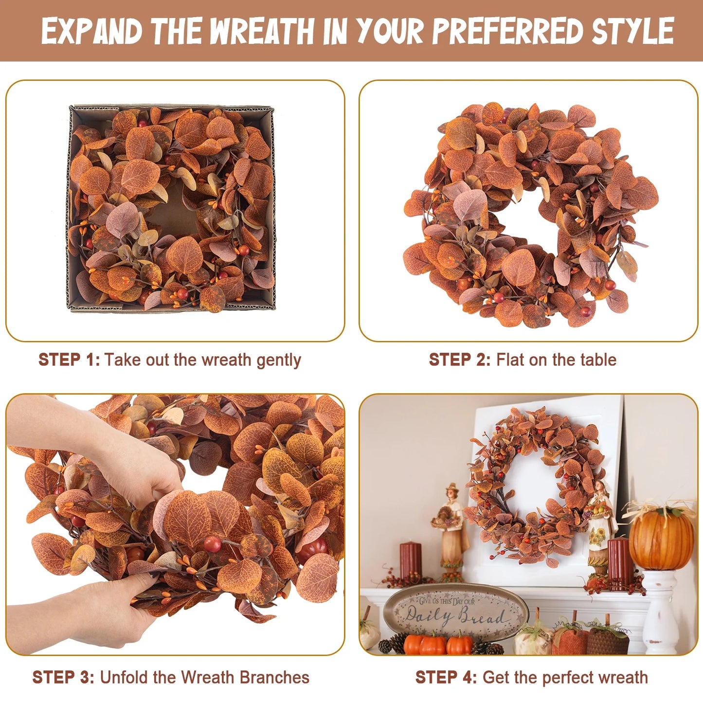 Fall Wreaths for Front Door, 18" Artificial Eucalyptus Leaves Autumn Wreaths Modern Farmhouse Fall Decoration for Home