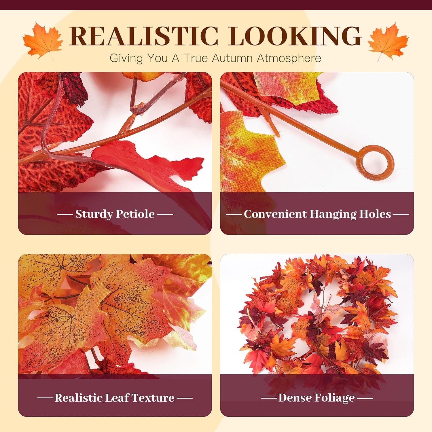 2Pcs Artificial Autumn Fall Maple Leaves Garlands 5.9 Feet Hanging Vines Fall Foliage Garland for Indoor Outdoor Wedding Thanksgiving Dinner Party Decor