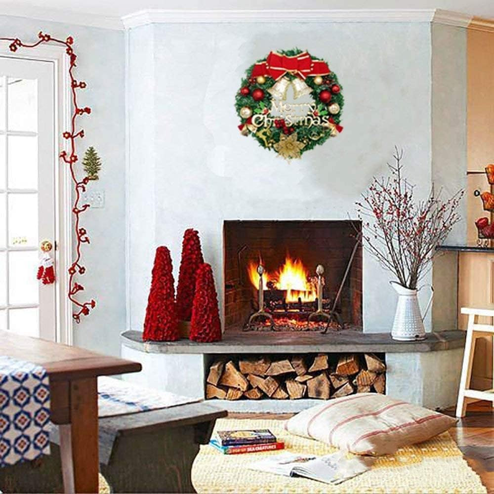 Large Christmas Wreath (19.69 Inch / 50 Cm) for Front Door Wall Windows Artificial Poinsettia Xmas Decoration with Tinkle Bell Bowknot and Small Ornaments (MC7-D1)