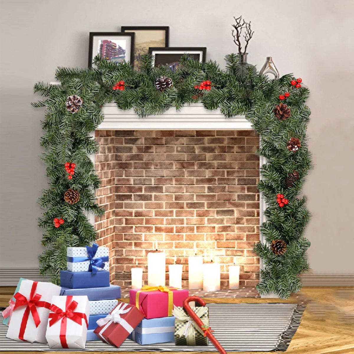 10FT Christmas Garland with Red Berries Snow Pine Cones for Indoor Outdoor Holiday Xmas Mantle Decoration