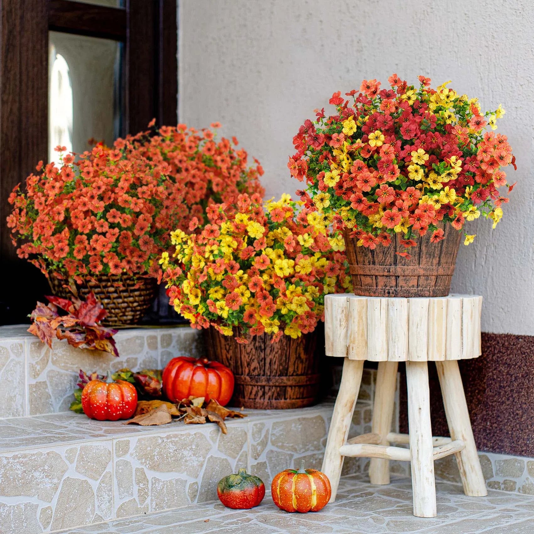 12 Bundles Fake Fall Flowers, Autumn Artificial Faux Flowers Outdoors Fall Decorations for Home Front Door Porch Patio, Orange