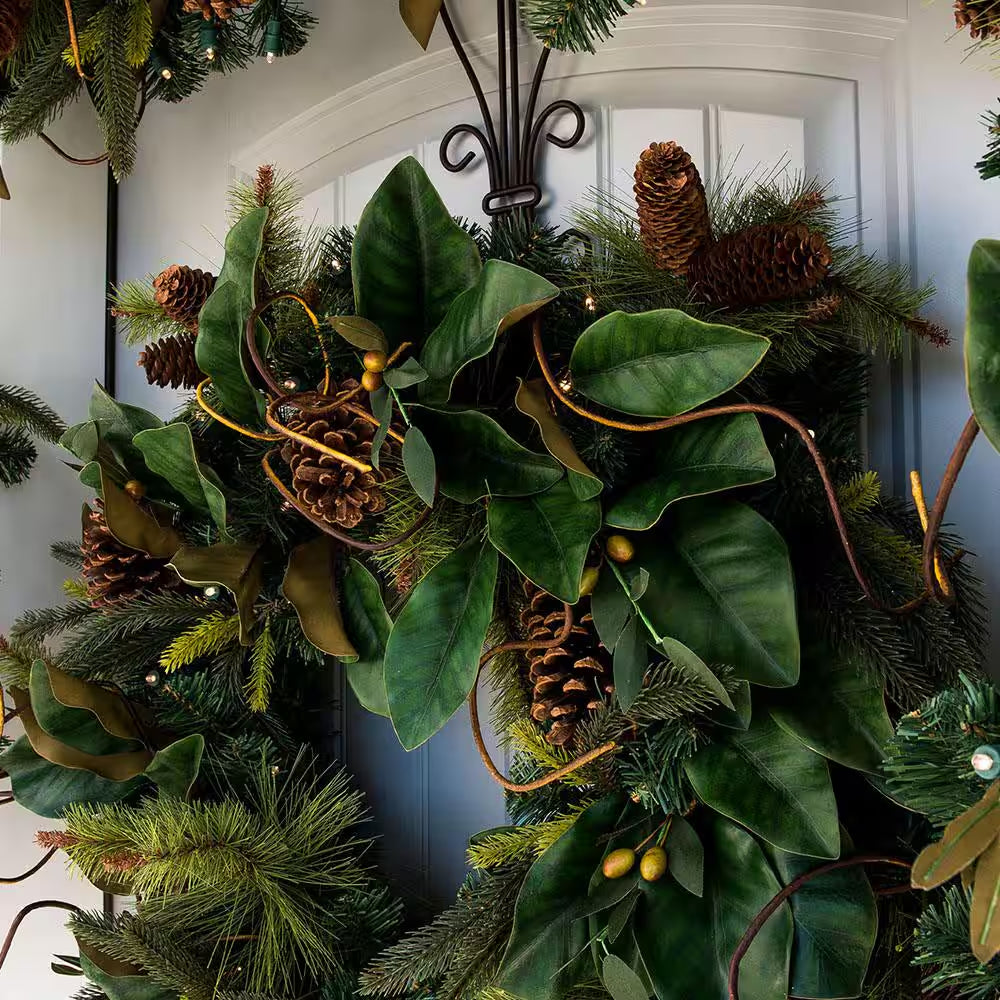 30 In. Artificial Pre-Lit LED Magnolia Leaf Wreath