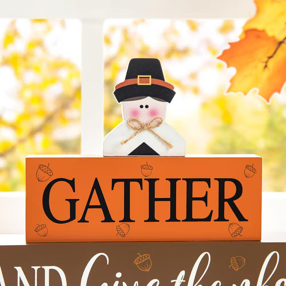 7.5 In. H Thanksgiving Wooden Pilgrim Table Block Sign