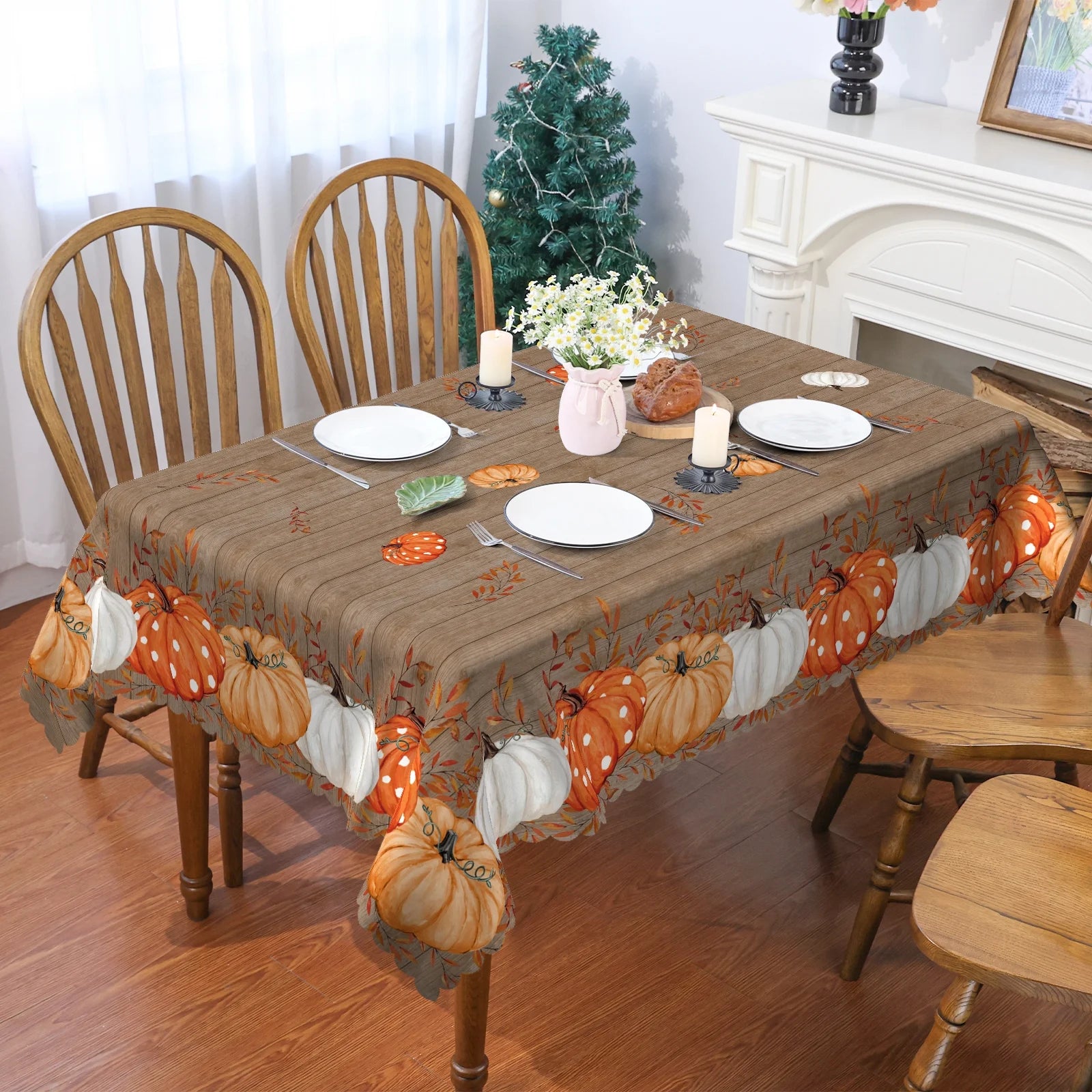 Fall Tablecloth, Thanksgiving Pumpkins Brown Tableware Home Decor, 60 X 120 Inch, Polyester