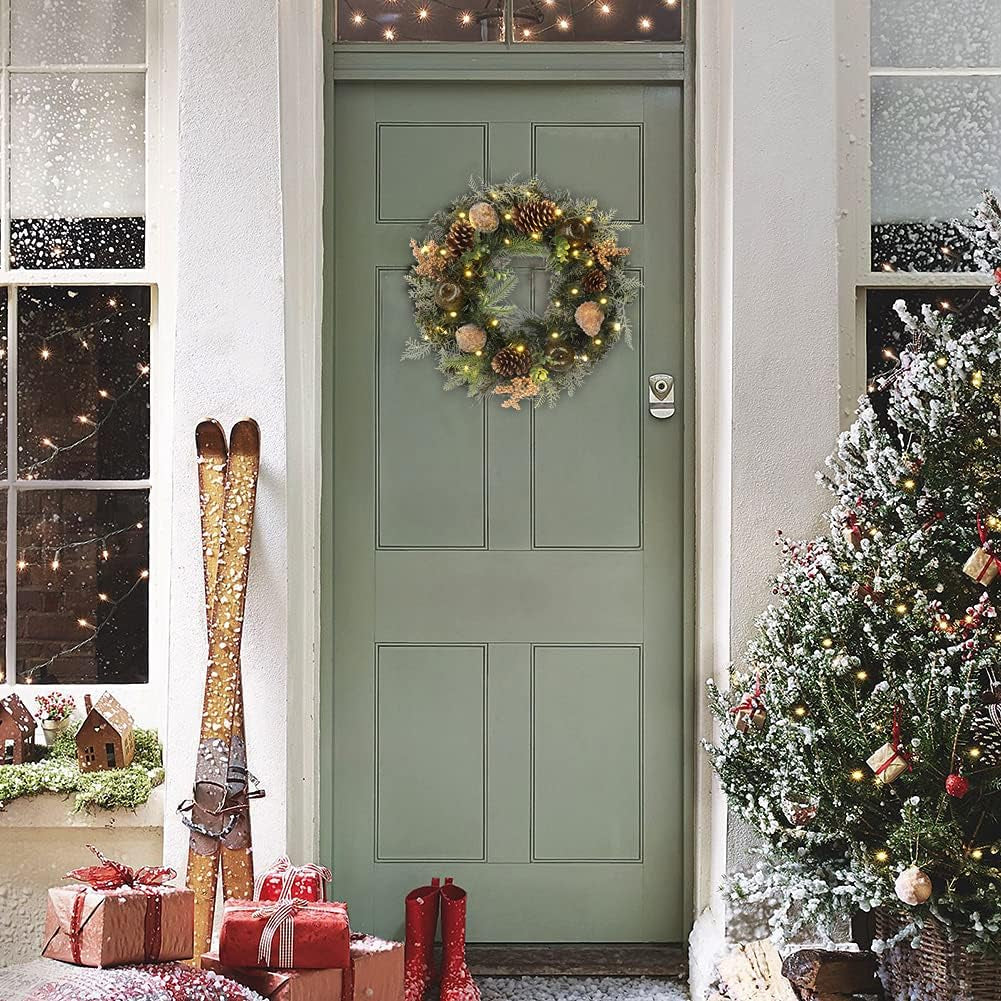 Christmas Wreath 20" Christmas Front Door Wreath Ornament with LED Lights Pinecone Berries Artificial Pine Garland for Party Table Fireplaces Porch Walls New Years Halloween Home Decor