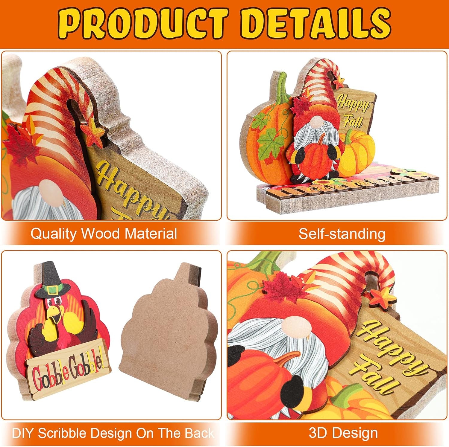 3 Pieces Thanksgiving Decorations Indoor Table Centerpiece for Home Wooden Signs Autumn Harvest Turkey Display for Thanksgiving Party Supplies
