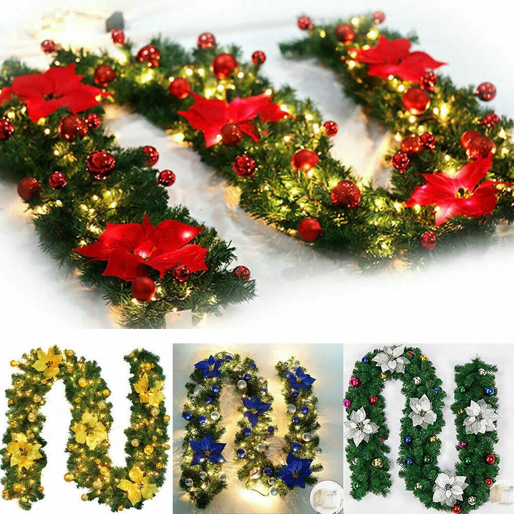 Pre-Lit Artificial Christmas Garlands with Lights, 9Ft Christmas Garland Decorations for Front Door, Fireplace Stairs Wall Xmas Decoration, Indoor Outdoor, Snow