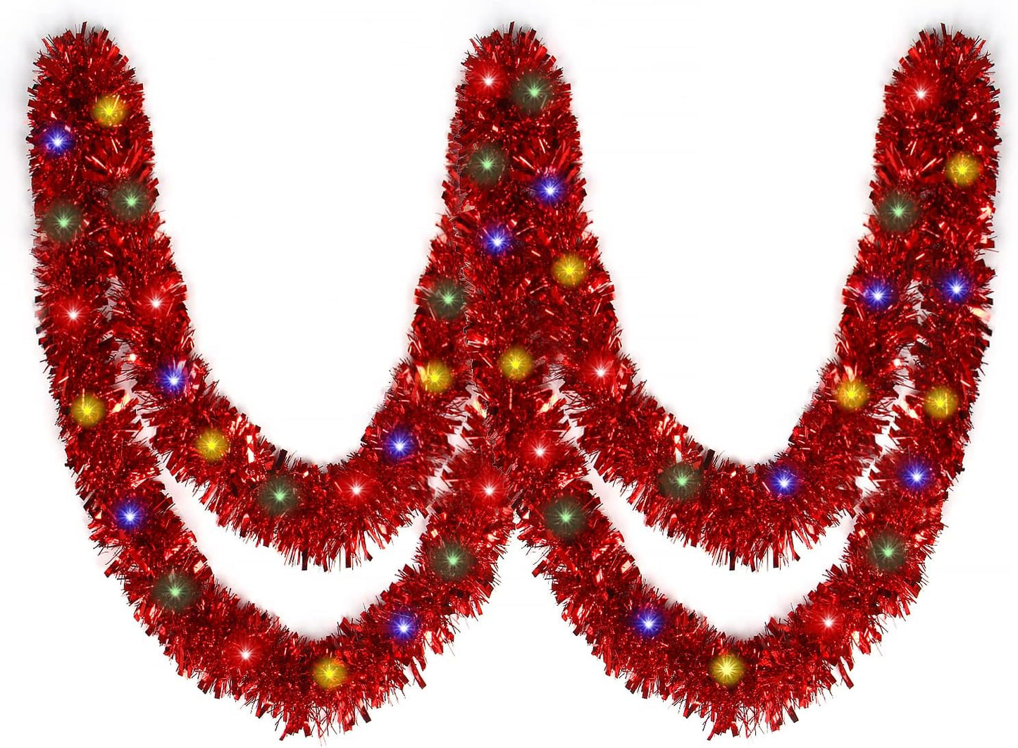 32.8 Ft Christmas Prelit Tinsel Garland, Red Metallic Garland with 100 LED Lights for Christmas Tree Decorations,Wedding Party Supplies