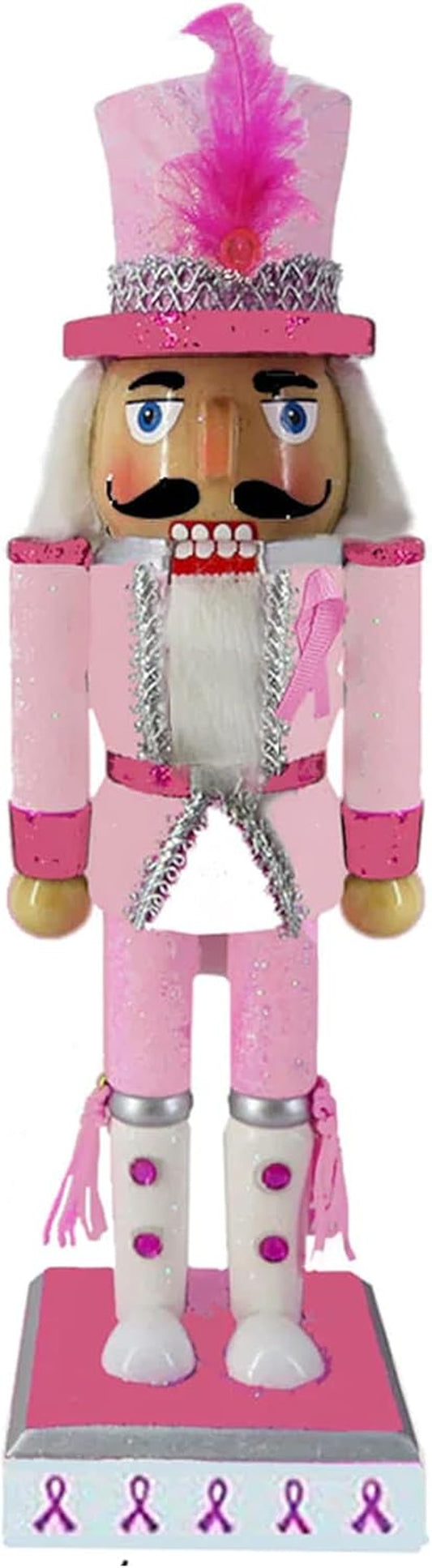 , Pink Nutcracker Christmas Ornaments, Wooden Figure Decoration with Soldier Uniform for Breast Awareness, Holiday Home Decor, Ideal Xmas Ornament, Large, 10 Inch