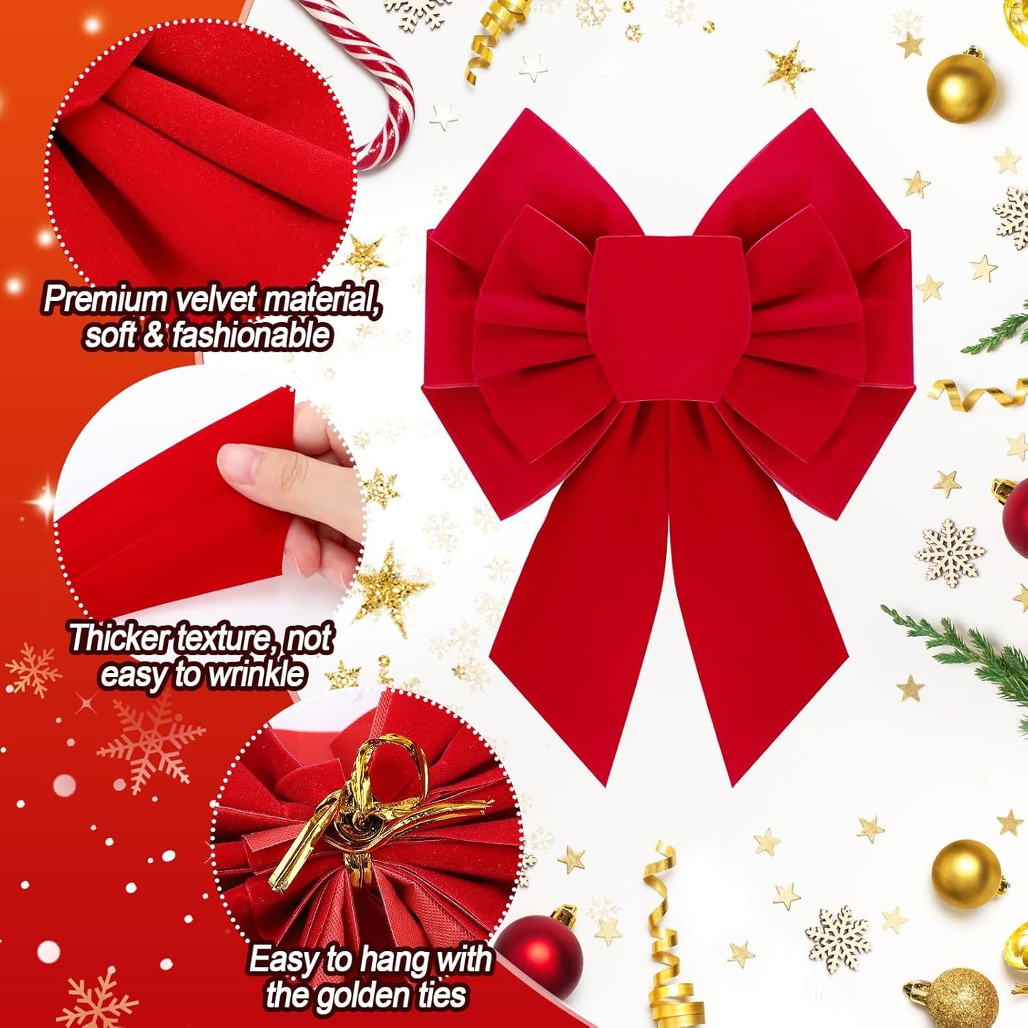 6 Pcs Christmas Red Wreath Bows - 7.9×10.2 in Velvet Red Bows, Hand Tied Easy Hanging for Xmas Tree Ornaments Wreath Fireplace Decor Gifts Wrapping Indoor Party Supplies
