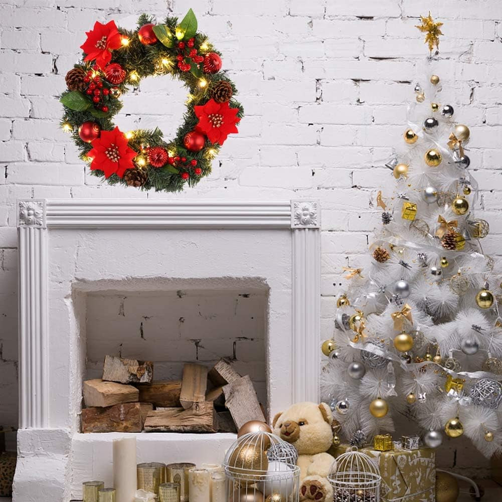 Pre-Lit Artificial Christmas Wreath Battery Operated Christmas Wreath Decorative Hanging Ornament Artificial Door Wreath LED Lights Christmas Decoration for Front Door, Wall, Fireplace, Etc