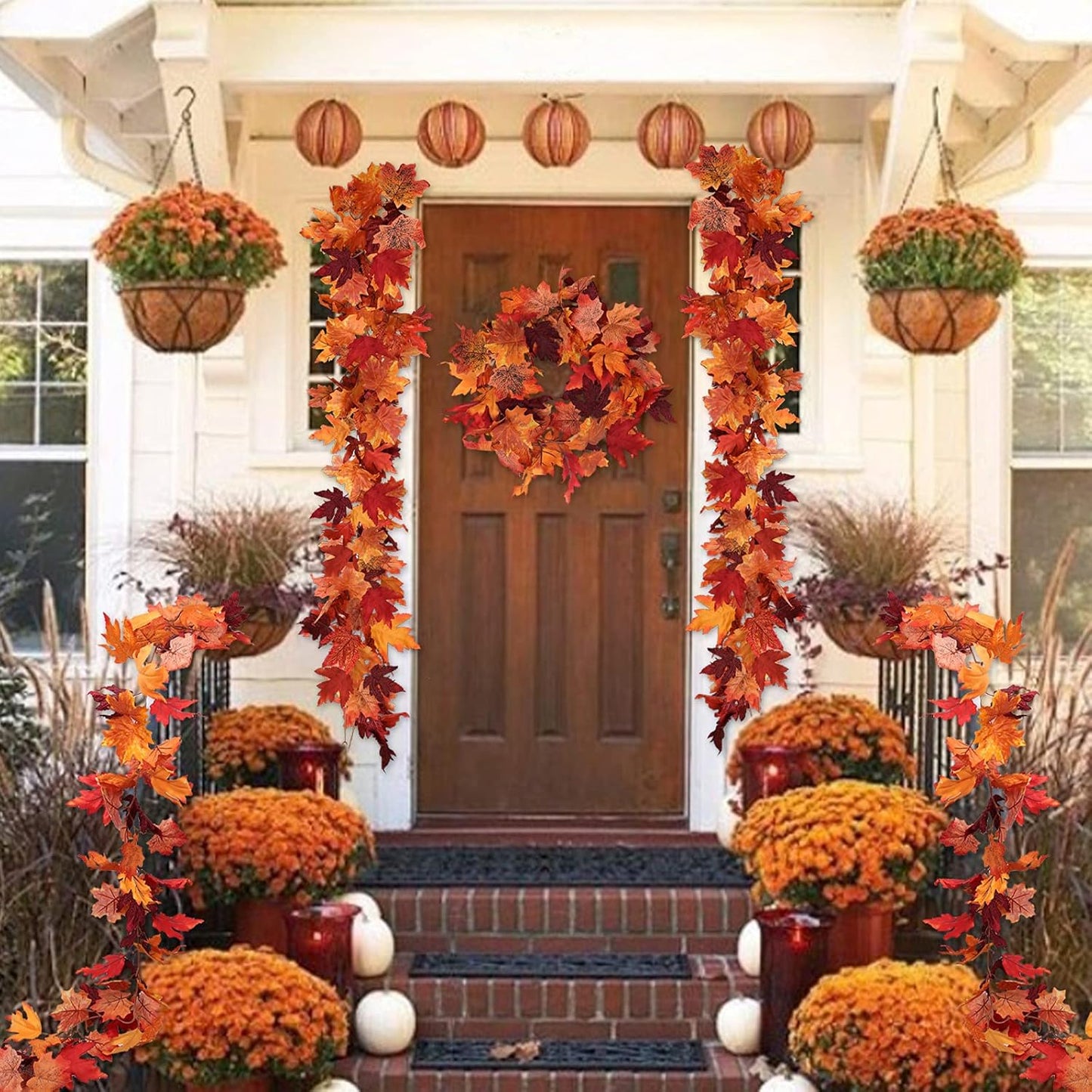 2 Pieces of Autumn Maple Garland Artificial Autumn Foliage Garland Autumn Hanging Leave Vines Home Decoration Wedding Birthday Party Thanksgiving Christmas Party