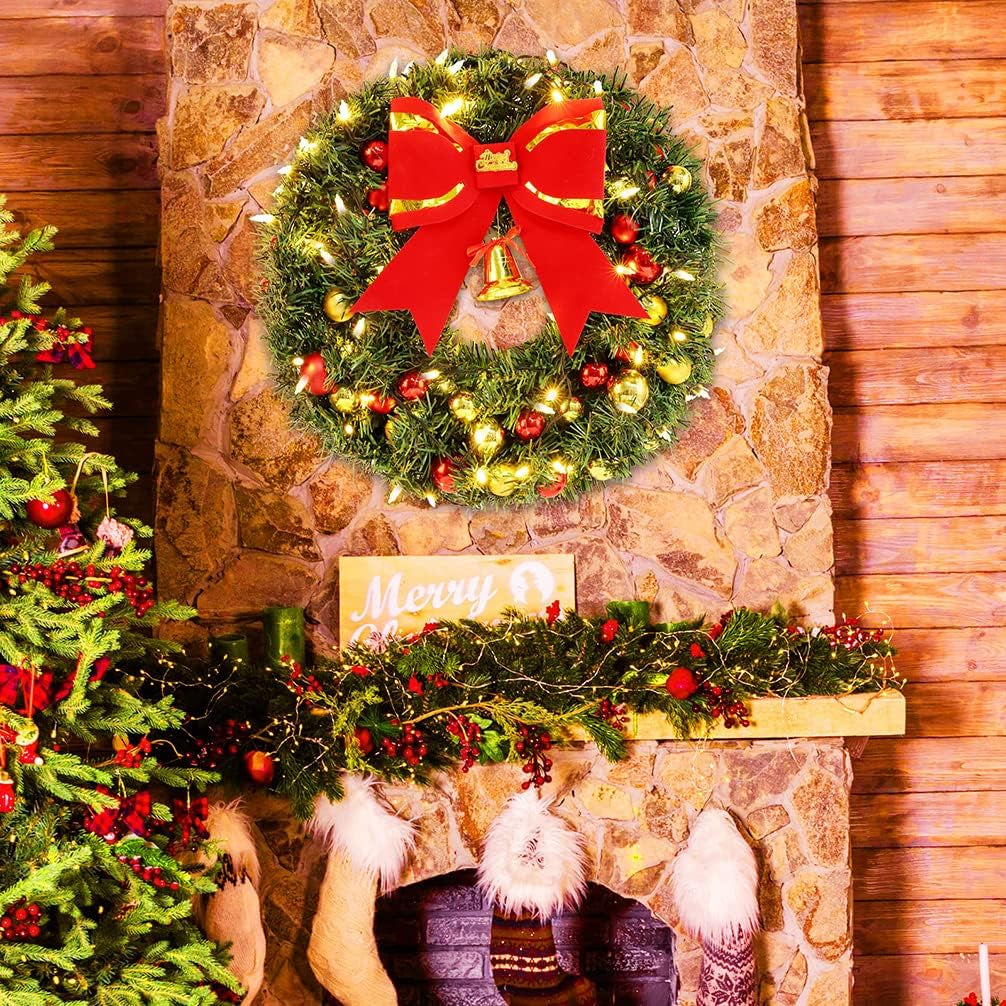 16Inch Outdoor Christmas Wreath with Lights 8 Modes 50 LED, Large Christmas Wreaths for Front Door Outside, Christmas Door Wreath with Hanger