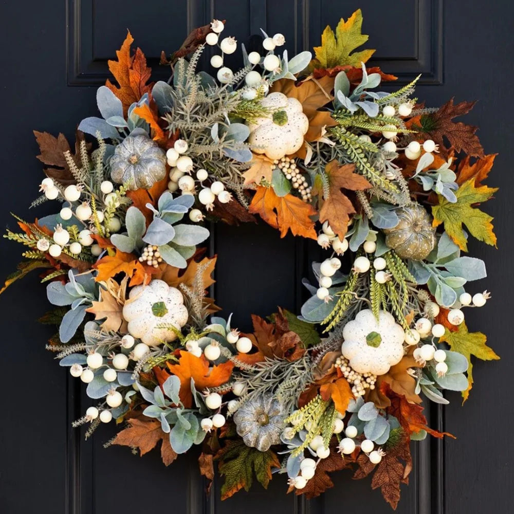 17.7"Fall Wreaths for Front Door-Thanksgiving Harvest Wreath with Pumpkins Maple Leaves Fall Wreath for Farmhouses Outdoor Fall Wreaths Hanging Ornament