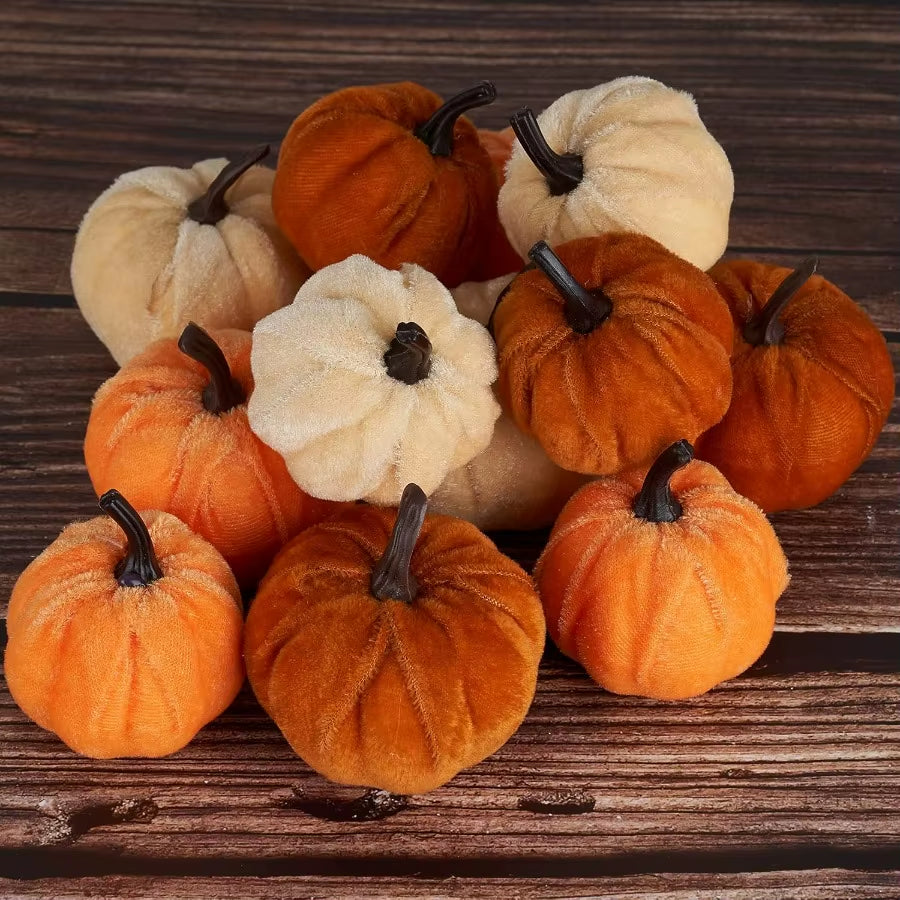 12Pcs Artificial Fake Faux Velvet Foam Fabric Pumpkins Decoration for Fall Home Farmhouse Harvest Thanksgiving Decorative Indoo
