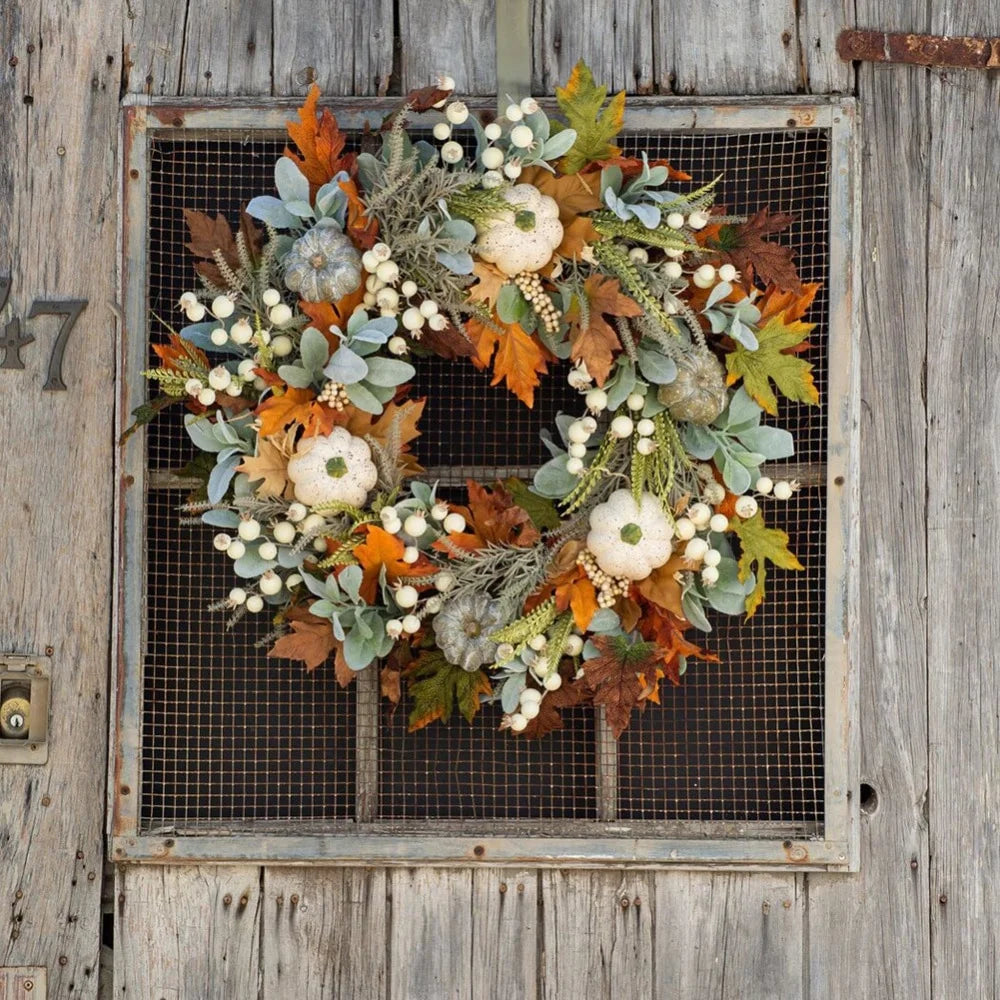 17.7"Fall Wreaths for Front Door-Thanksgiving Harvest Wreath with Pumpkins Maple Leaves Fall Wreath for Farmhouses Outdoor Fall Wreaths Hanging Ornament