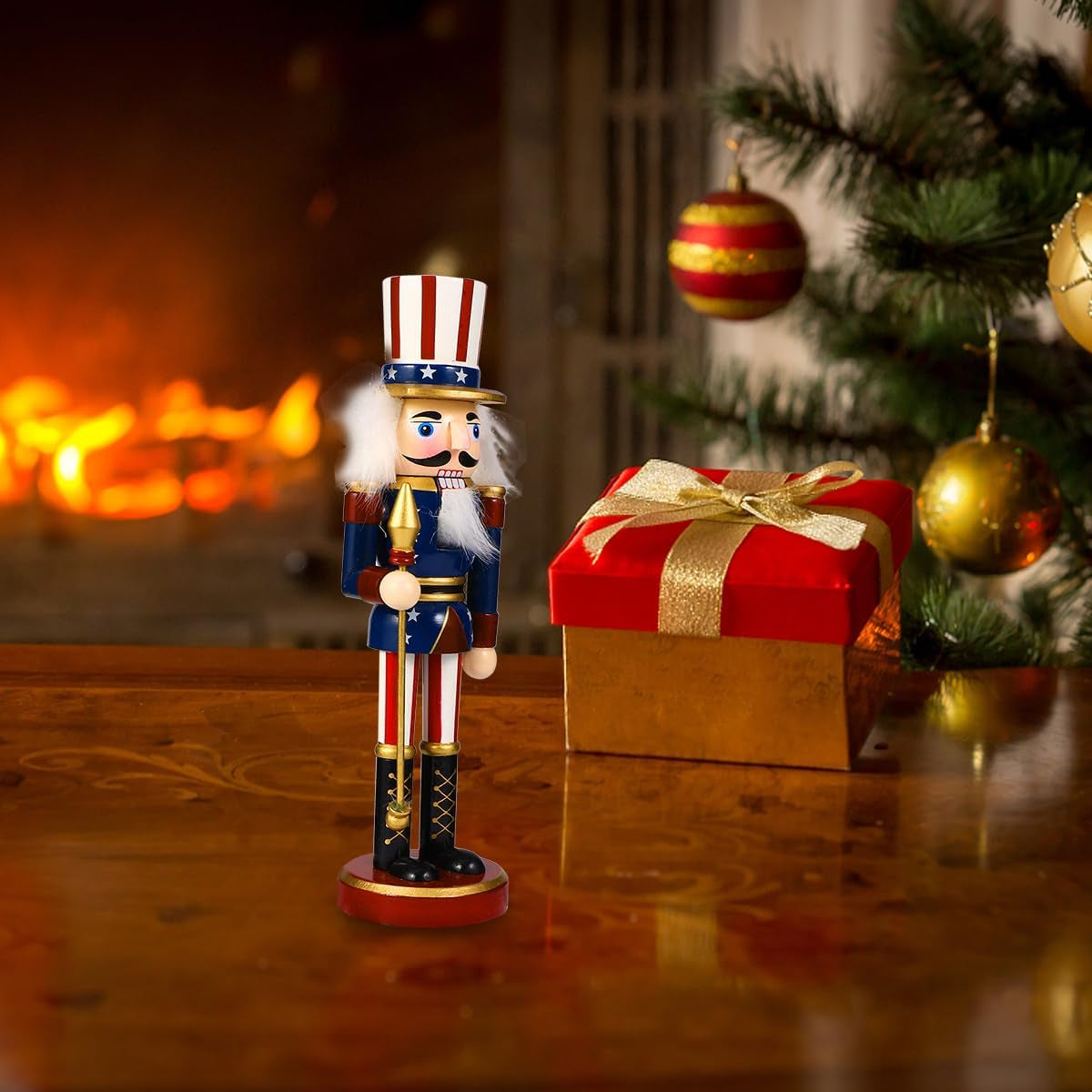 1Pc Christmas Wooden Nutcracker Soldier Wooden Hand Painted Soldier Statue Classic Traditional Xmas Decoration Ornament （ a Cane ）
