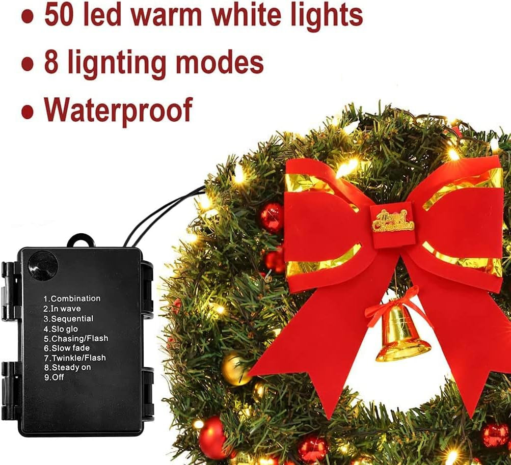 16Inch Outdoor Christmas Wreath with Lights 8 Modes 50 LED, Large Christmas Wreaths for Front Door Outside, Christmas Door Wreath with Hanger