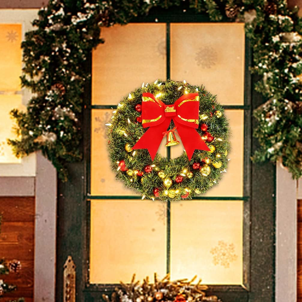 16Inch Outdoor Christmas Wreath with Lights 8 Modes 50 LED, Large Christmas Wreaths for Front Door Outside, Christmas Door Wreath with Hanger