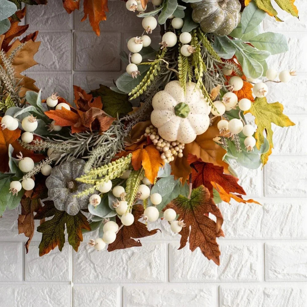 17.7"Fall Wreaths for Front Door-Thanksgiving Harvest Wreath with Pumpkins Maple Leaves Fall Wreath for Farmhouses Outdoor Fall Wreaths Hanging Ornament