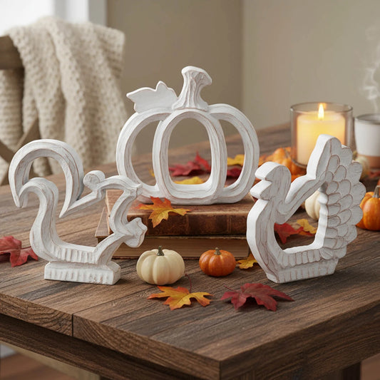 Fall Decorations for Home, Thanksgiving Decorations Pumpkin Decor Turkey Decor Resin, 3Pcs White