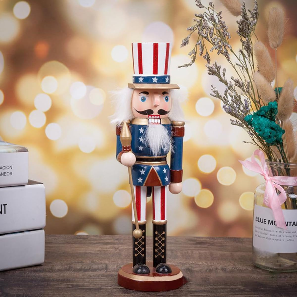 1Pc Christmas Wooden Nutcracker Soldier Wooden Hand Painted Soldier Statue Classic Traditional Xmas Decoration Ornament （ a Cane ）