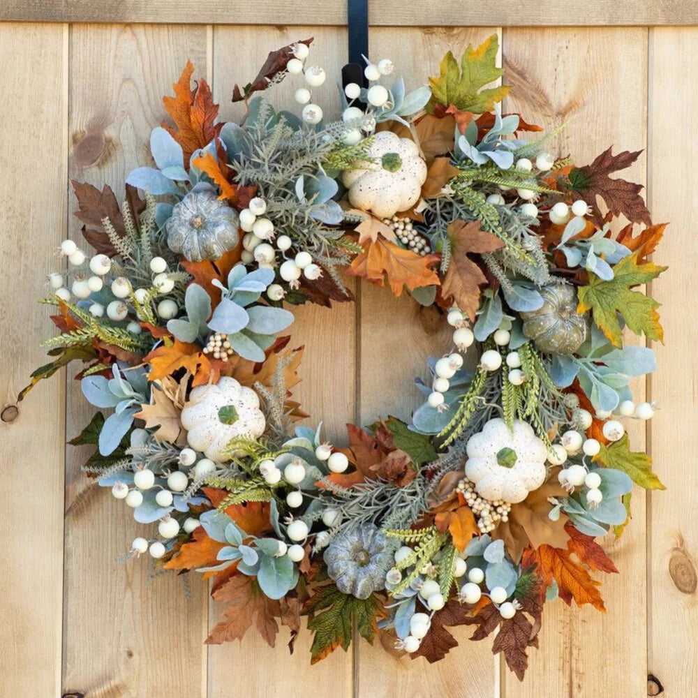 17.7"Fall Wreaths for Front Door-Thanksgiving Harvest Wreath with Pumpkins Maple Leaves Fall Wreath for Farmhouses Outdoor Fall Wreaths Hanging Ornament