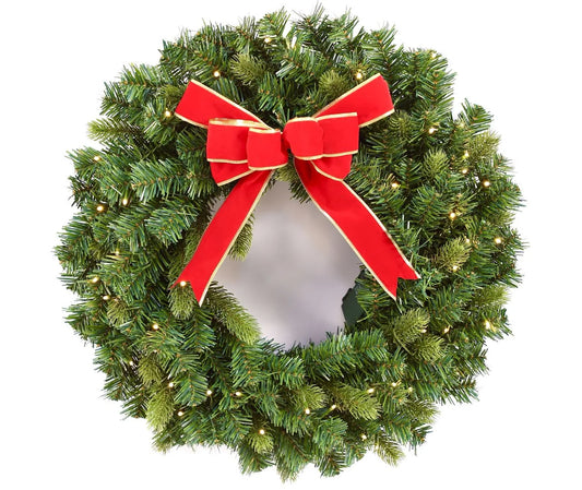 24” Pre-Lit Christmas Wreath for Front Door. Outdoor Battery-Operated Evergreen, Red Bow
