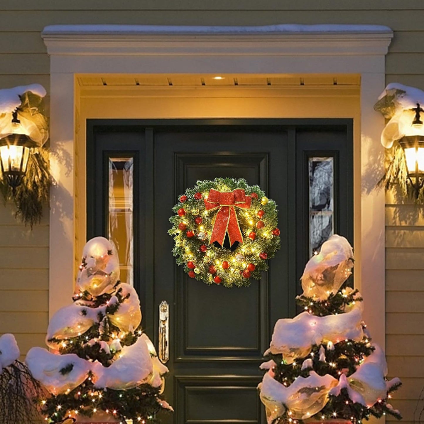 16 Inch Pre-Lit Christmas Wreath with Hook, Battery Operated Christmas Wreath Decorative Christmas Balls Hanging Ornament, Artificial Door Wreath 40 Clear LED Lights
