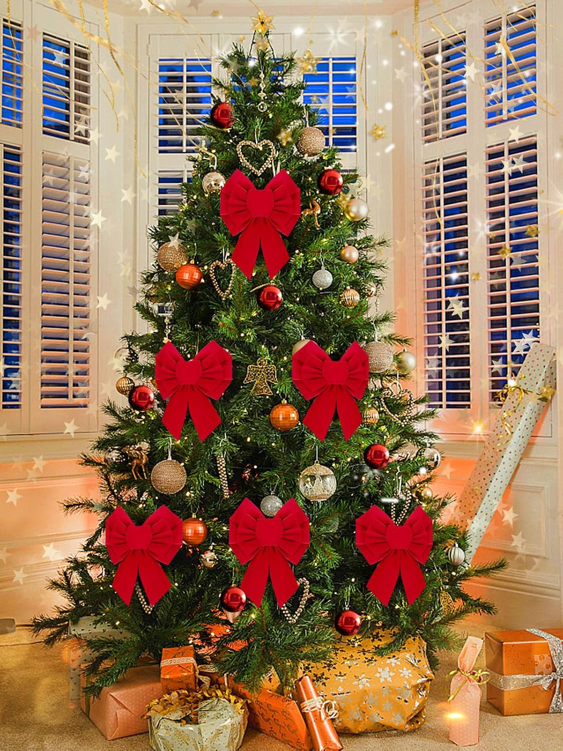 6 Pcs Christmas Red Wreath Bows - 7.9×10.2 in Velvet Red Bows, Hand Tied Easy Hanging for Xmas Tree Ornaments Wreath Fireplace Decor Gifts Wrapping Indoor Party Supplies
