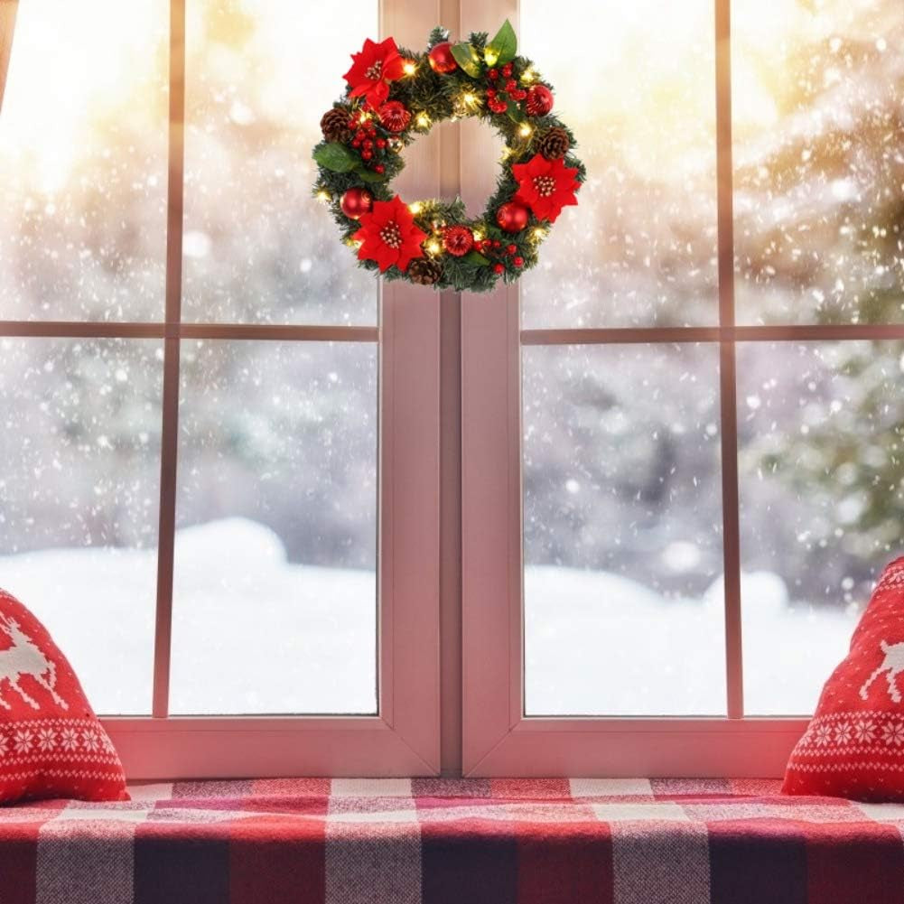 Pre-Lit Artificial Christmas Wreath Battery Operated Christmas Wreath Decorative Hanging Ornament Artificial Door Wreath LED Lights Christmas Decoration for Front Door, Wall, Fireplace, Etc