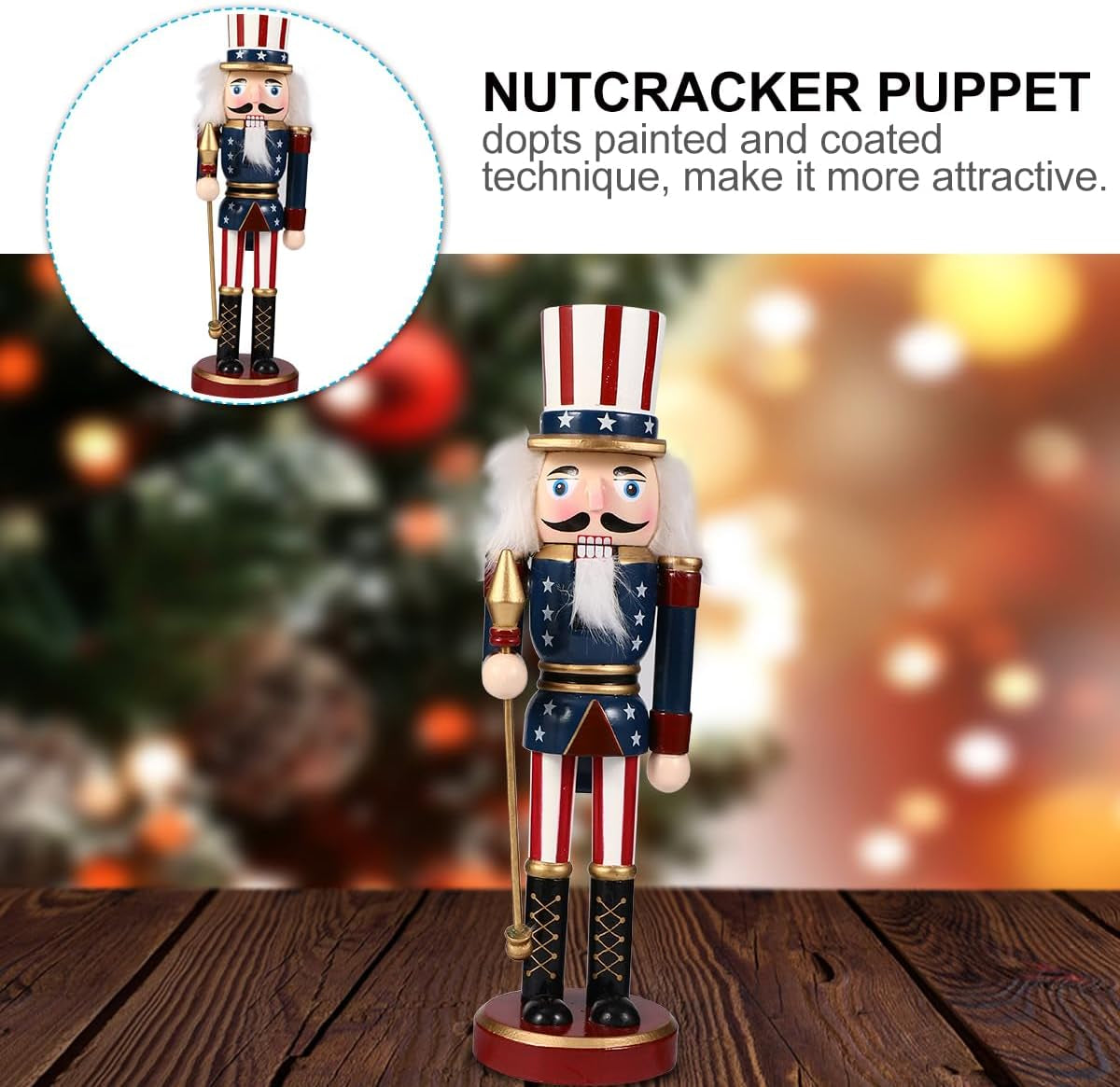 1Pc Christmas Wooden Nutcracker Soldier Wooden Hand Painted Soldier Statue Classic Traditional Xmas Decoration Ornament （ a Cane ）
