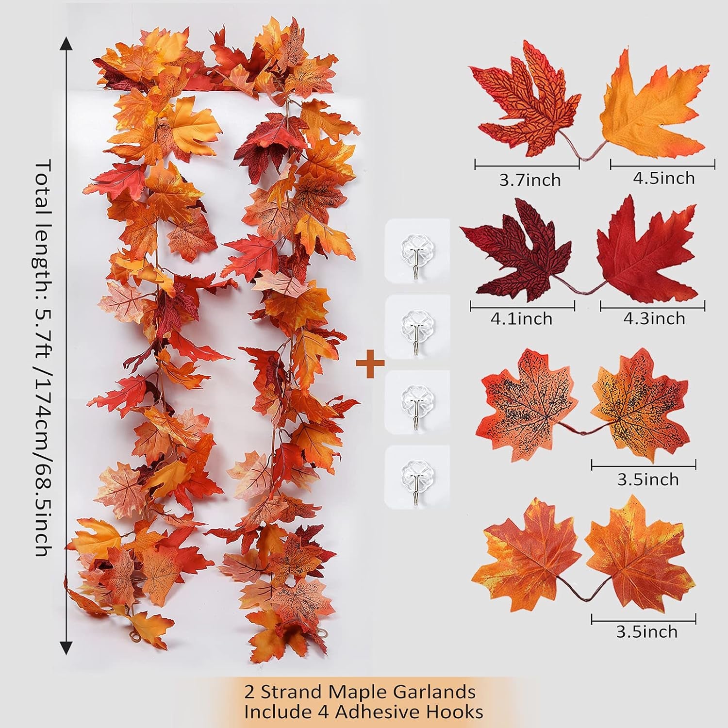 2 Pieces of Autumn Maple Garland Artificial Autumn Foliage Garland Autumn Hanging Leave Vines Home Decoration Wedding Birthday Party Thanksgiving Christmas Party