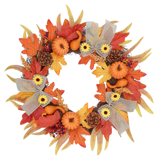 18 Inch Pumpkin Fall Wreaths for Front Door Fall Decorations for Home,Orange Fall Front Door Wreath with Maple Leaves for Fall Decor Outdoor Indoor Thanksgiving