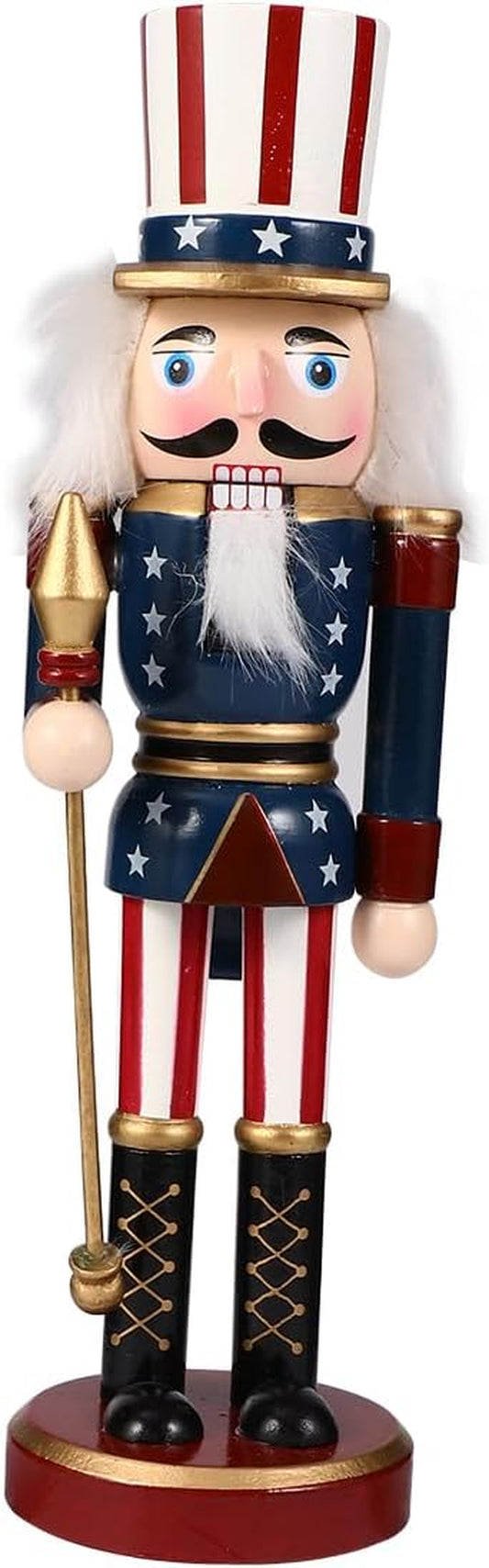 1Pc Christmas Wooden Nutcracker Soldier Wooden Hand Painted Soldier Statue Classic Traditional Xmas Decoration Ornament （ a Cane ）