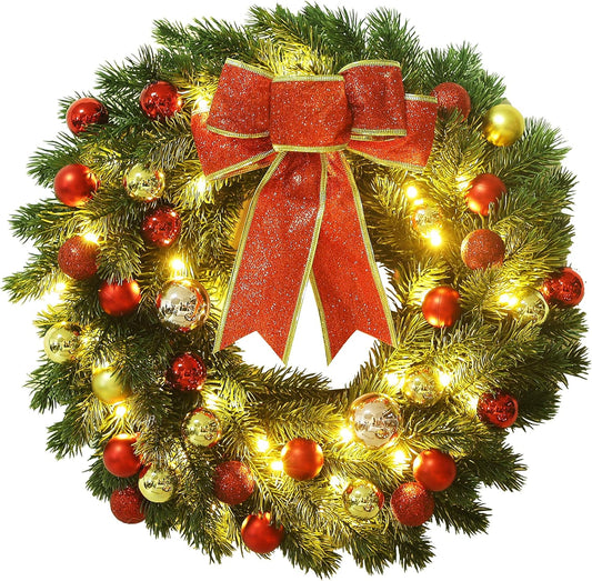 16 Inch Pre-Lit Christmas Wreath with Hook, Battery Operated Christmas Wreath Decorative Christmas Balls Hanging Ornament, Artificial Door Wreath 40 Clear LED Lights