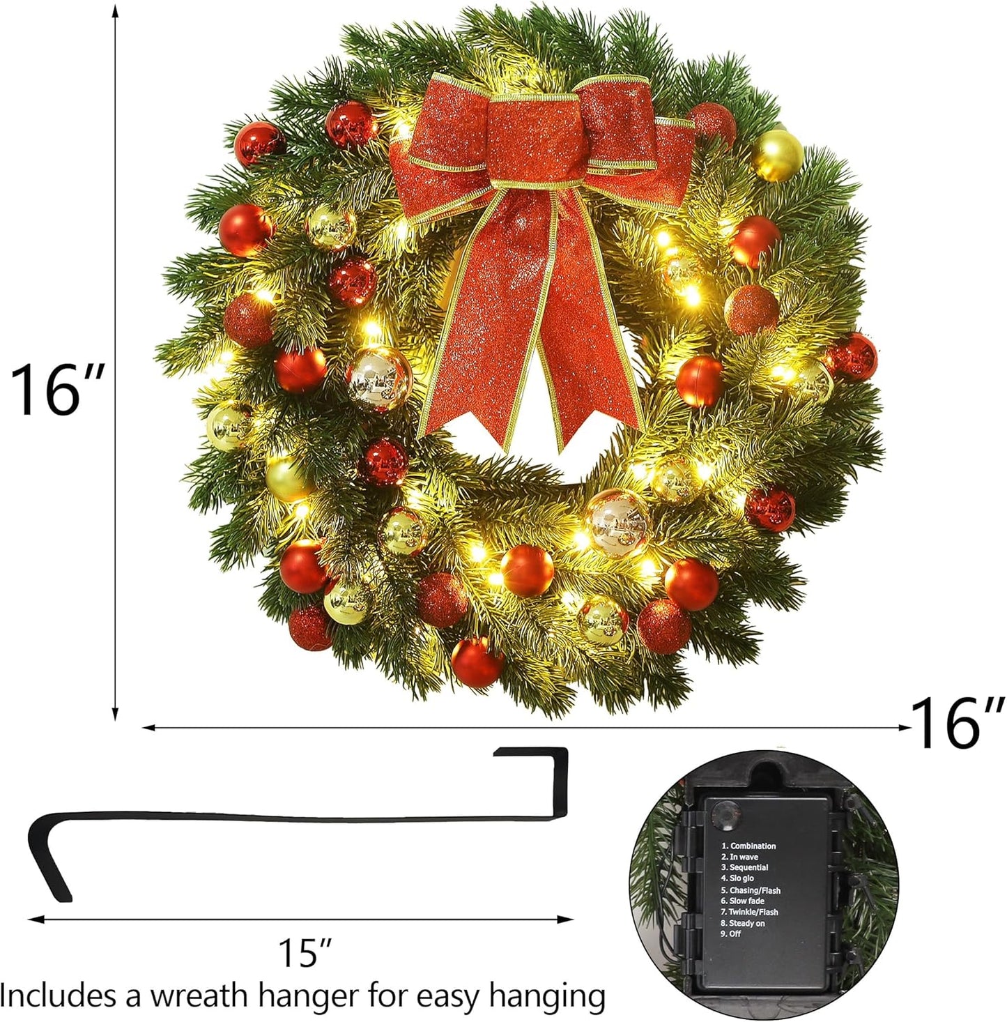 16 Inch Pre-Lit Christmas Wreath with Hook, Battery Operated Christmas Wreath Decorative Christmas Balls Hanging Ornament, Artificial Door Wreath 40 Clear LED Lights