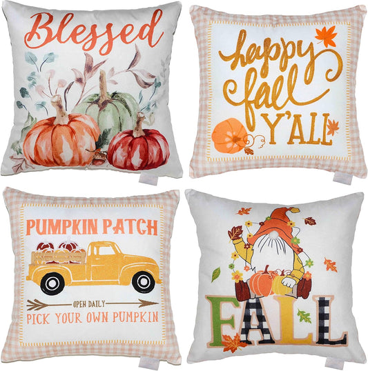 Fall Pillow Covers 18X18 Set of 4 Thanksgiving Pillow Covers Harvest Decorative Pillow Covers, Autumn Pumpkin Throw Pillow Covers for Fall Thanksgiving Decorations