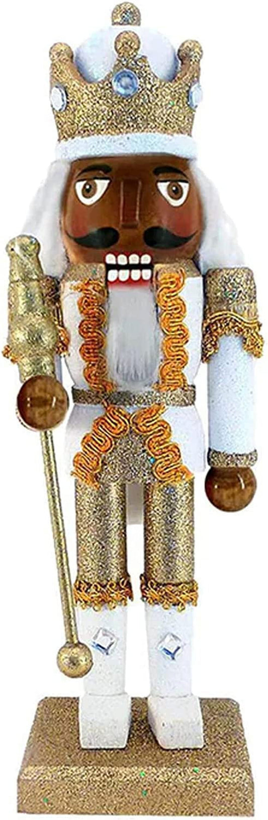 , King Nutcracker Christmas Ornaments, African American Wooden Figure Decoration with White and Gold Uniform for Holiday Home Decor, Ideal Xmas Ornament, 10 Inch African American Gold/White 10 In