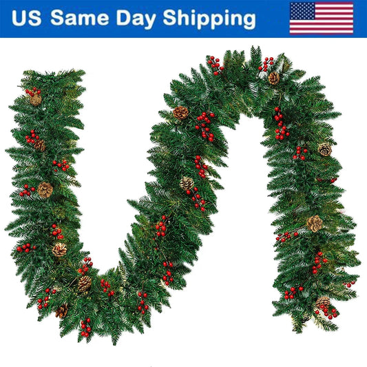 10FT Christmas Garland with Red Berries Snow Pine Cones for Indoor Outdoor Holiday Xmas Mantle Decoration