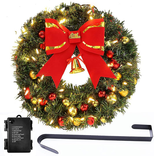 16Inch Outdoor Christmas Wreath with Lights 8 Modes 50 LED, Large Christmas Wreaths for Front Door Outside, Christmas Door Wreath with Hanger