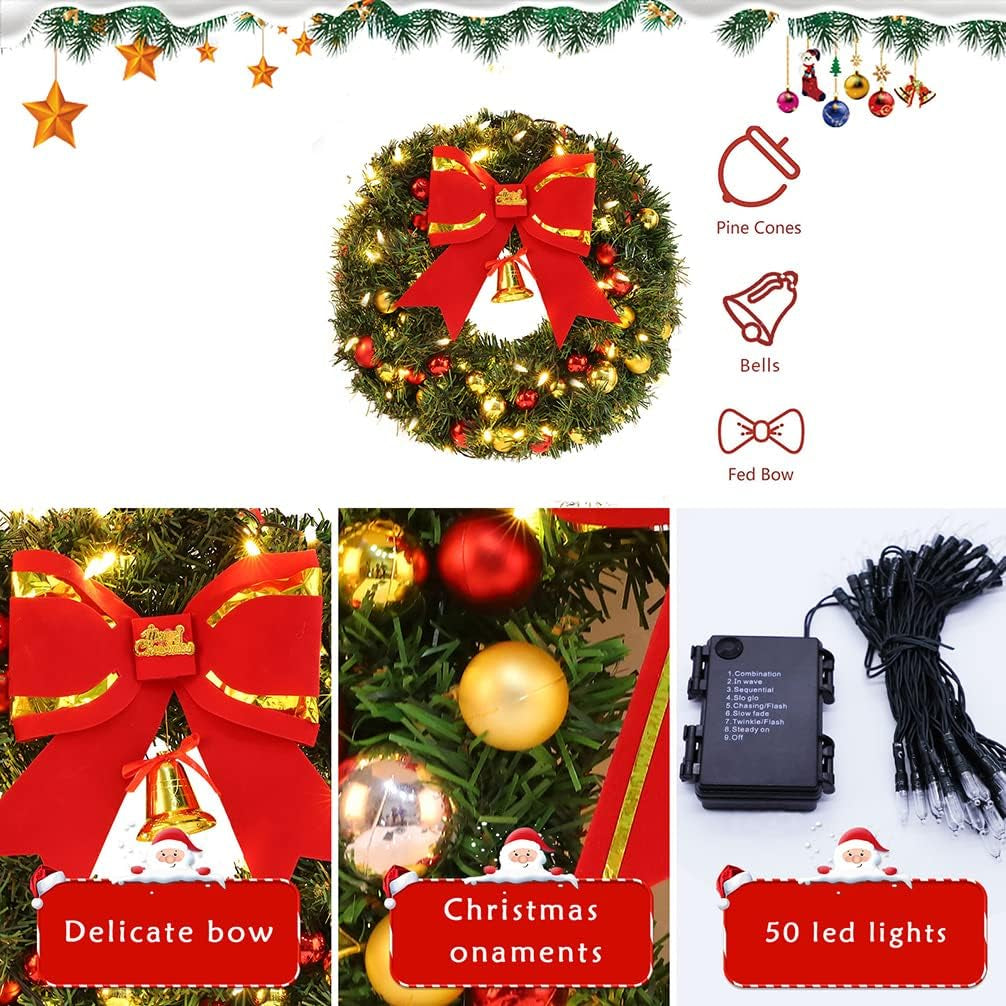 16Inch Outdoor Christmas Wreath with Lights 8 Modes 50 LED, Large Christmas Wreaths for Front Door Outside, Christmas Door Wreath with Hanger