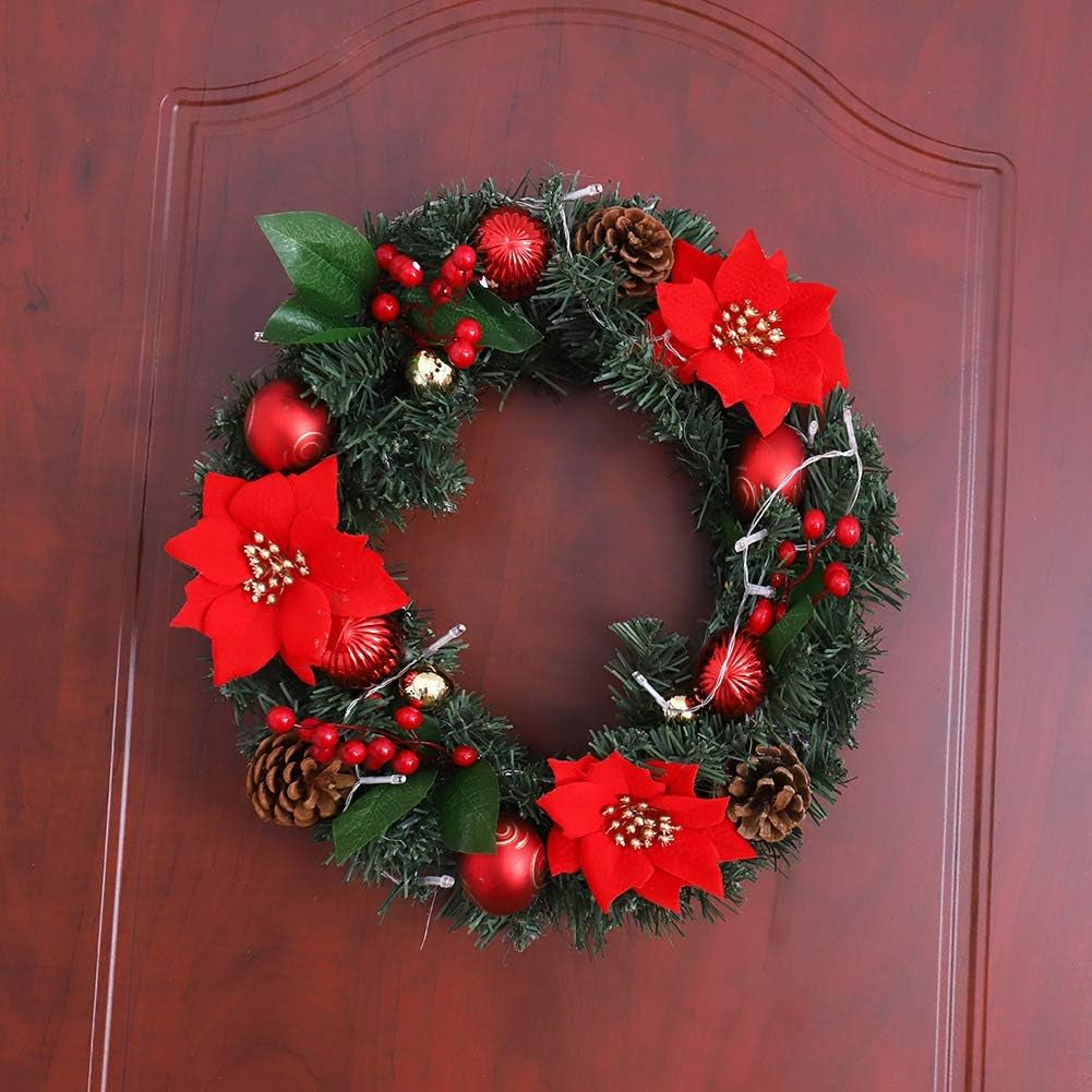 Pre-Lit Artificial Christmas Wreath Battery Operated Christmas Wreath Decorative Hanging Ornament Artificial Door Wreath LED Lights Christmas Decoration for Front Door, Wall, Fireplace, Etc