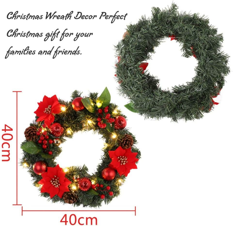 Pre-Lit Artificial Christmas Wreath Battery Operated Christmas Wreath Decorative Hanging Ornament Artificial Door Wreath LED Lights Christmas Decoration for Front Door, Wall, Fireplace, Etc