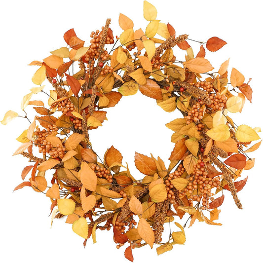 18" Fall Wreaths for Front Door, Artificial Autumn Wreath, Fall Door Wreath with Eucalyptus Leaves and Sorghum for Home Porch Window Wall Farmhouse Decor, Indoor Outdoor, Holiday Decor