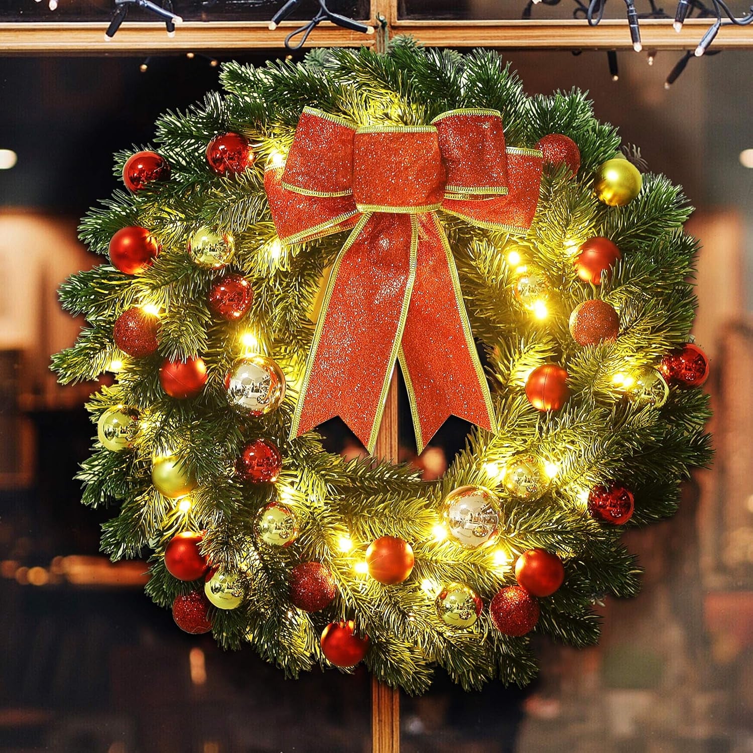 16 Inch Pre-Lit Christmas Wreath with Hook, Battery Operated Christmas Wreath Decorative Christmas Balls Hanging Ornament, Artificial Door Wreath 40 Clear LED Lights