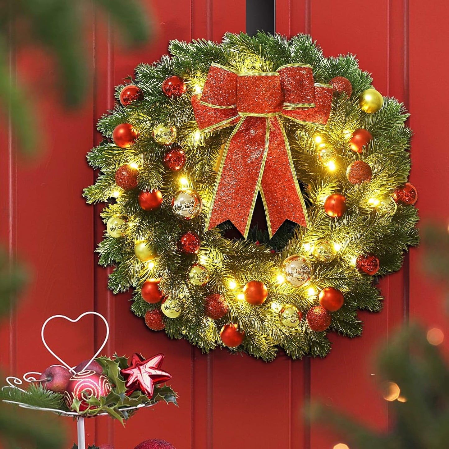 16 Inch Pre-Lit Christmas Wreath with Hook, Battery Operated Christmas Wreath Decorative Christmas Balls Hanging Ornament, Artificial Door Wreath 40 Clear LED Lights