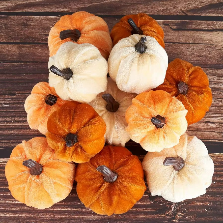 12Pcs Artificial Fake Faux Velvet Foam Fabric Pumpkins Decoration for Fall Home Farmhouse Harvest Thanksgiving Decorative Indoo