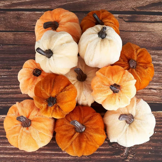 12Pcs Artificial Fake Faux Velvet Foam Fabric Pumpkins Decoration for Fall Home Farmhouse Harvest Thanksgiving Decorative Indoo